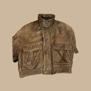 VNG Andrew Marc Brown Leather Bomber Jacket With High Collar & Pockets Mens M